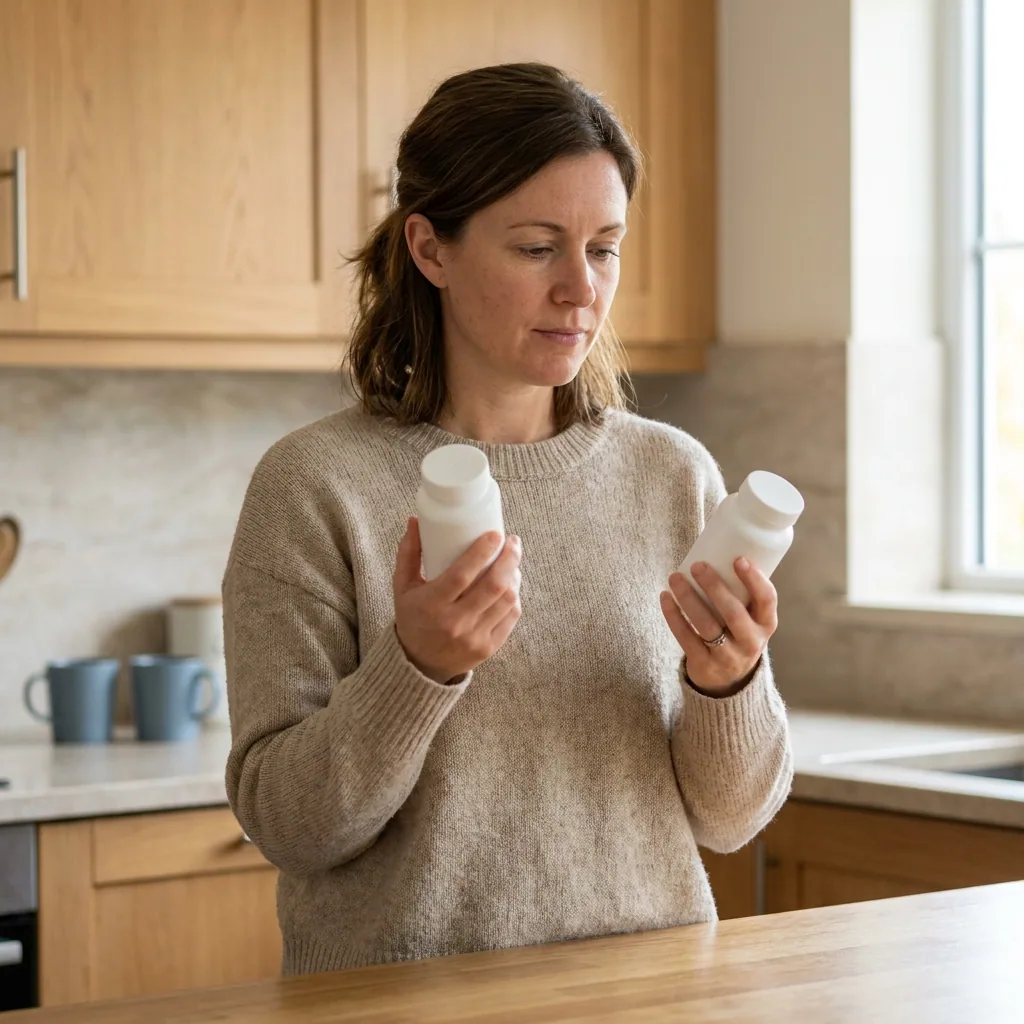A woman at her kitchen counter weighing up two bottles, deciding which to start with
