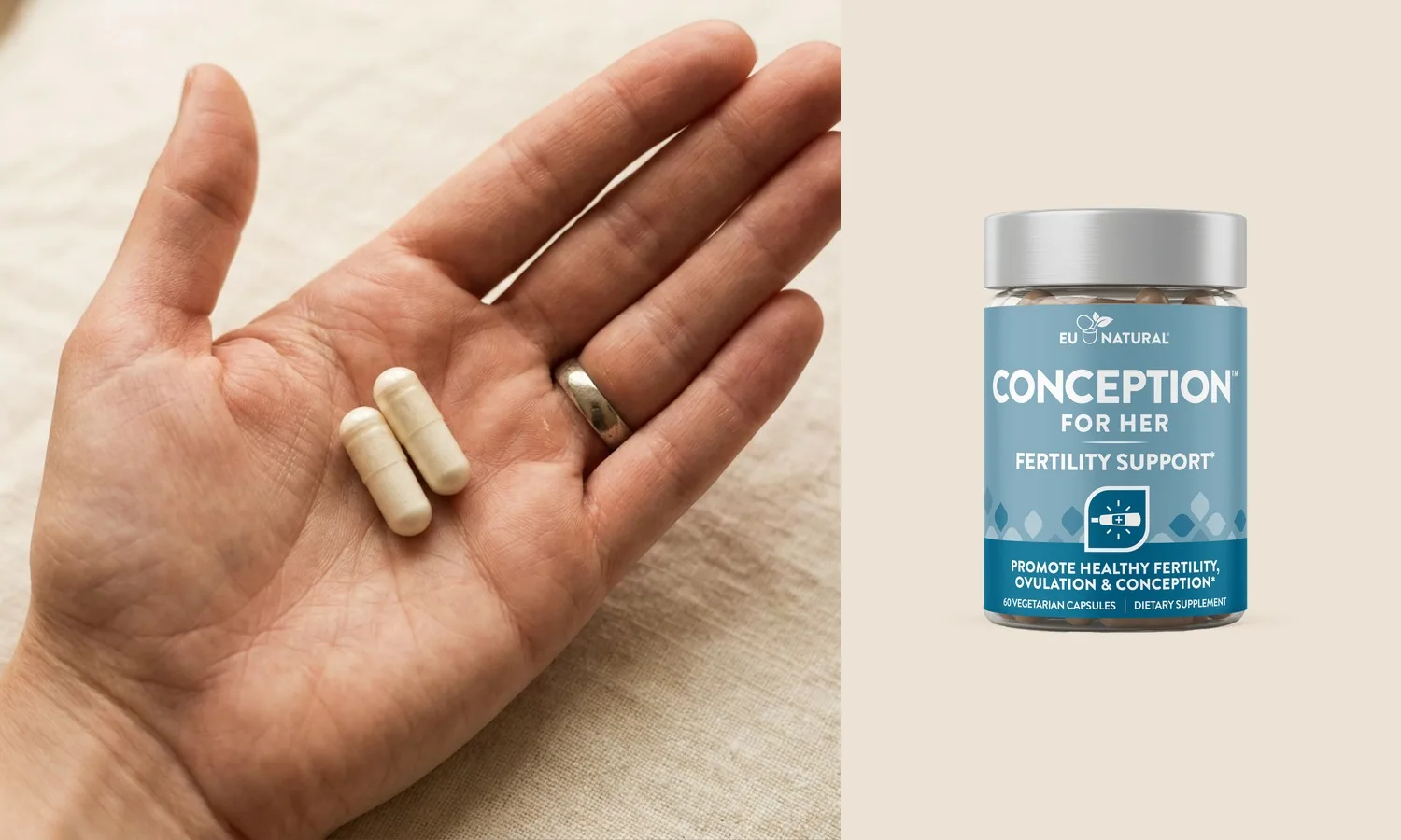 Two Conception for Her capsules in an open palm beside the bottle