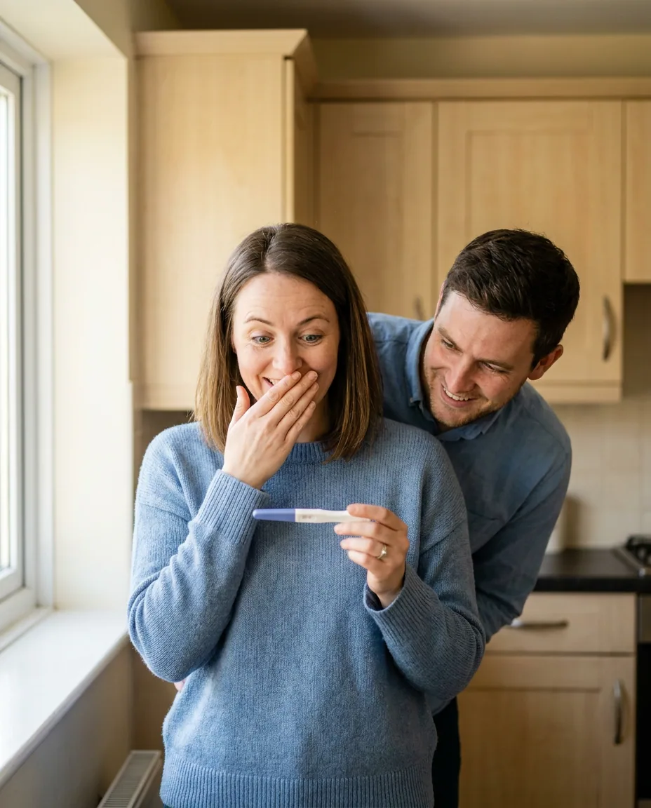 A couple at home looking together at a positive pregnancy test