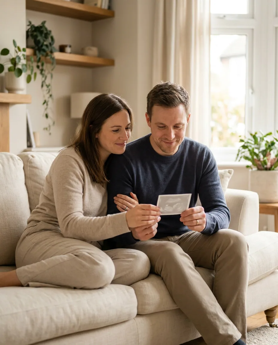 A couple sitting together looking at an ultrasound scan photograph