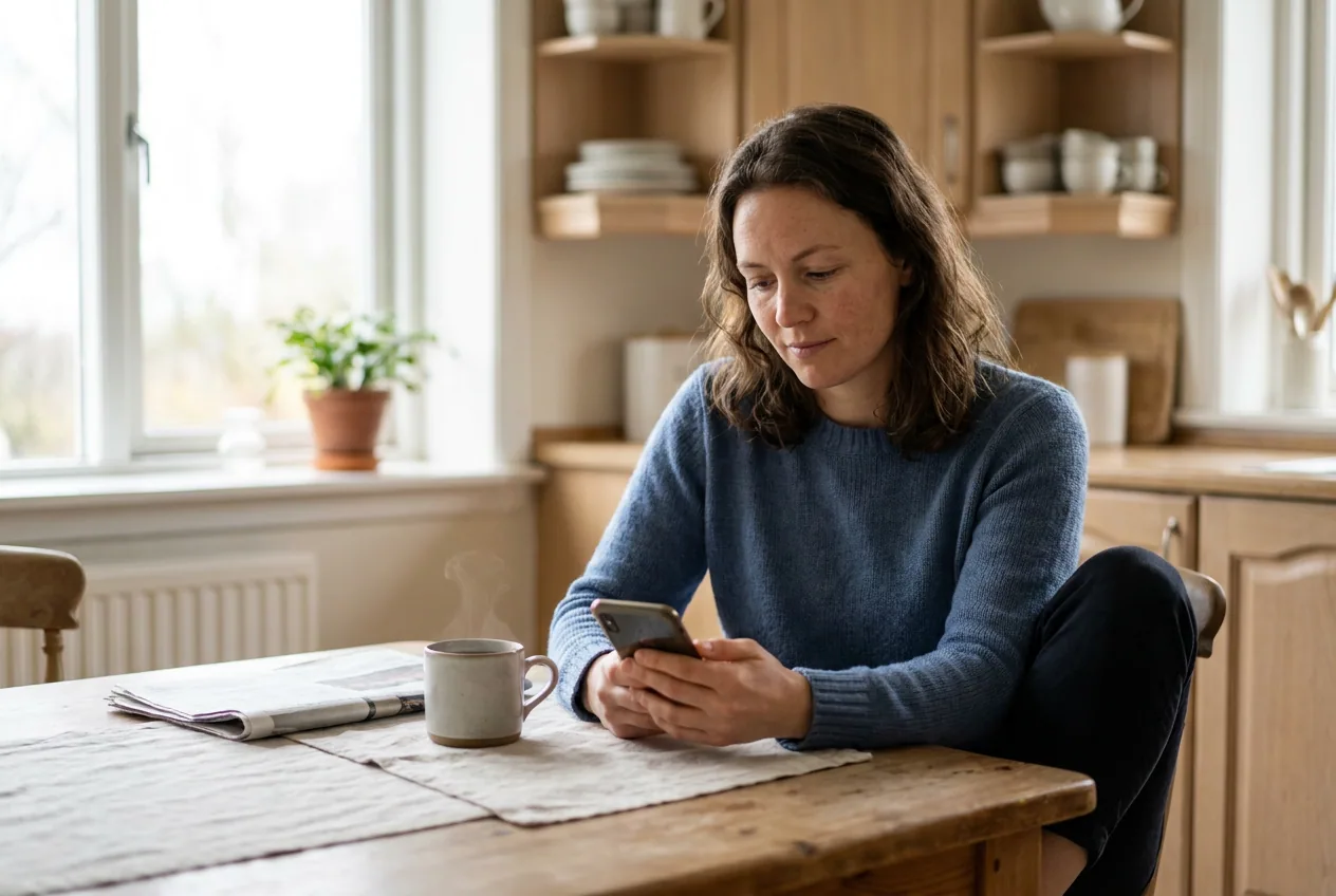 A woman at her kitchen table in the morning checking her cycle tracking app